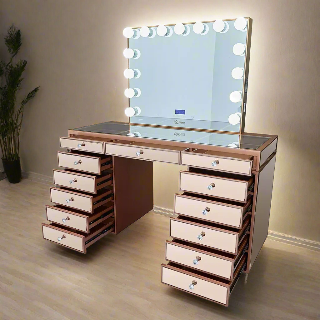 Celeste Mirrored Hollywood Makeup Vanity Station - Rose Gold finish - Crown Vanity
