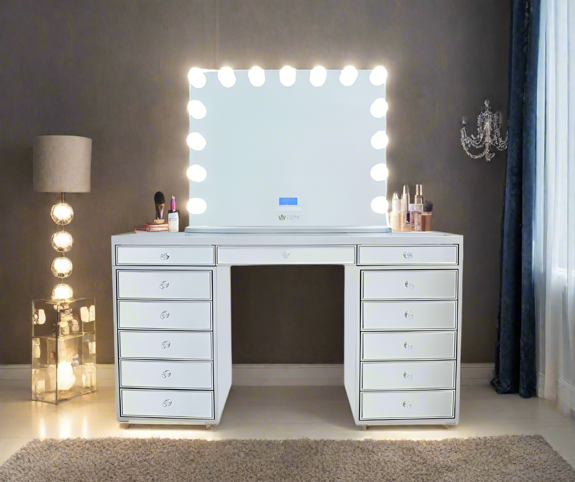 Natalia Mirrored Hollywood Makeup Vanity Station - Silver - Crown Vanity