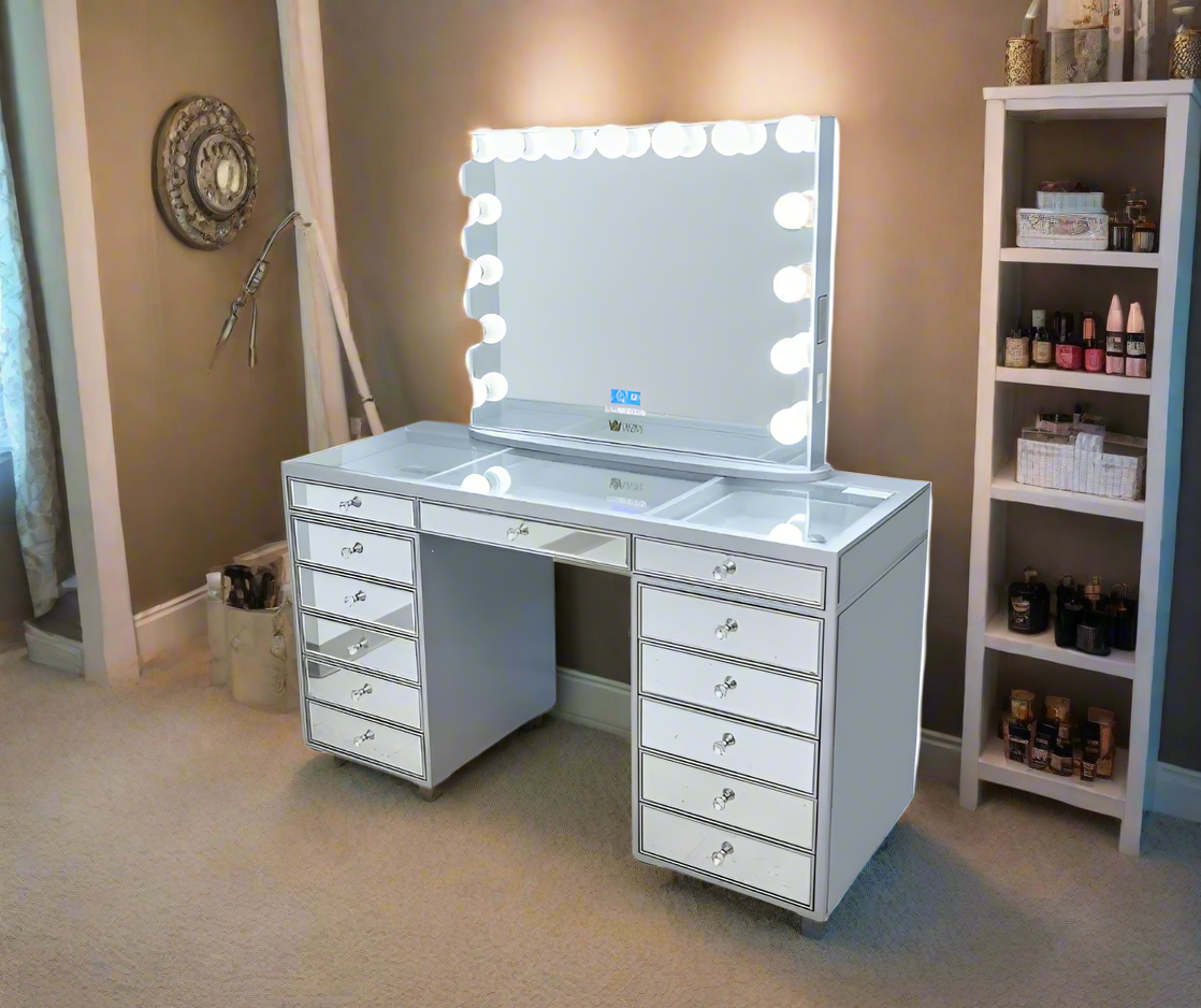 Natalia Mirrored Hollywood Makeup Vanity Station - Silver - Crown Vanity