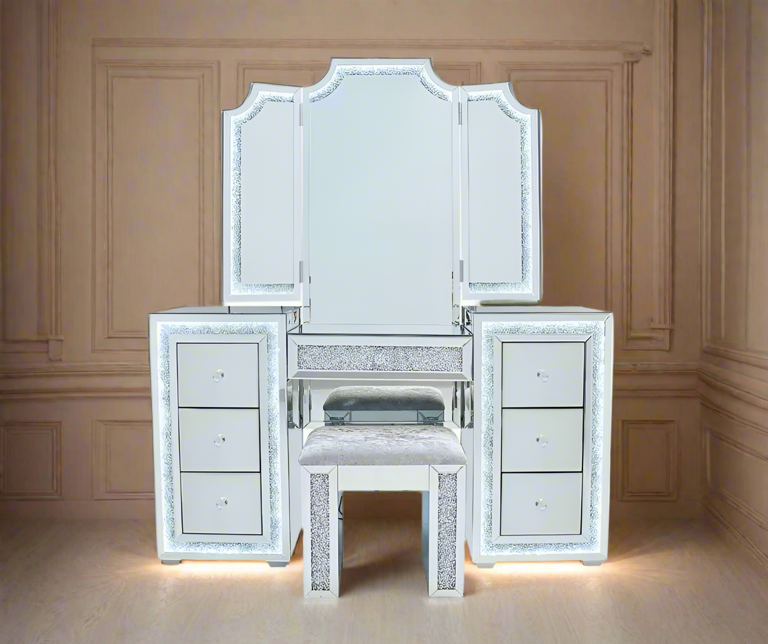 Oprah All Mirrored Glam Makeup Vanity Station With Stool - Crown Vanity