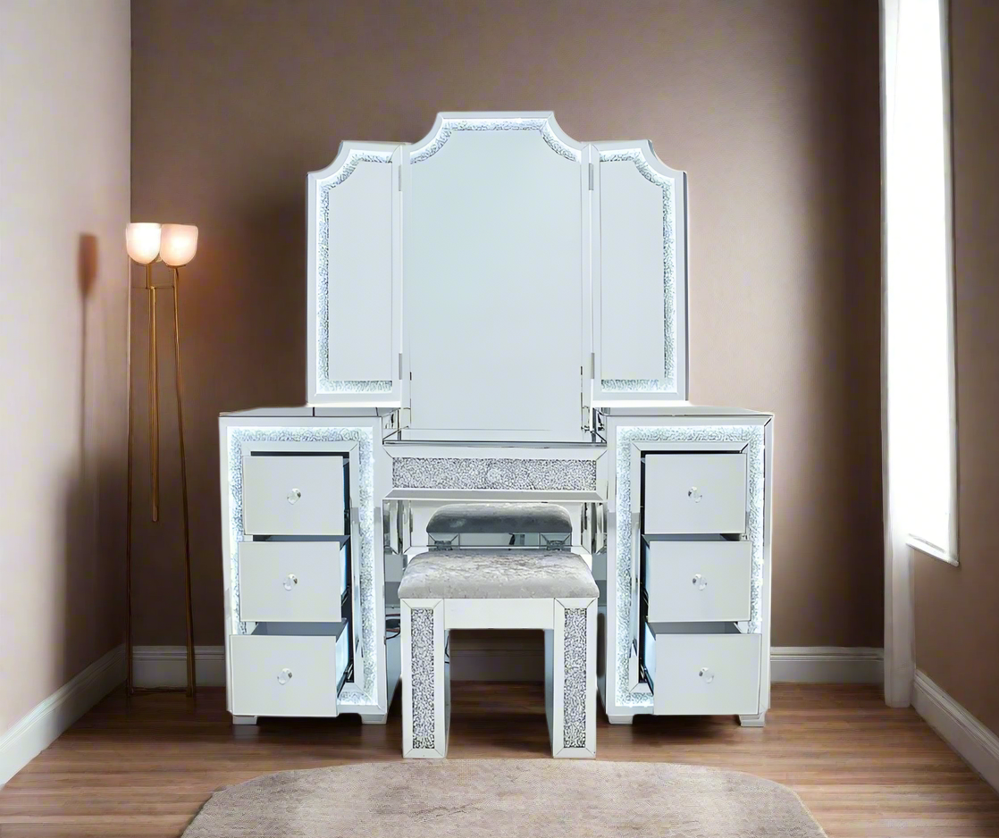 Oprah All Mirrored Glam Makeup Vanity Station With Stool - Crown Vanity
