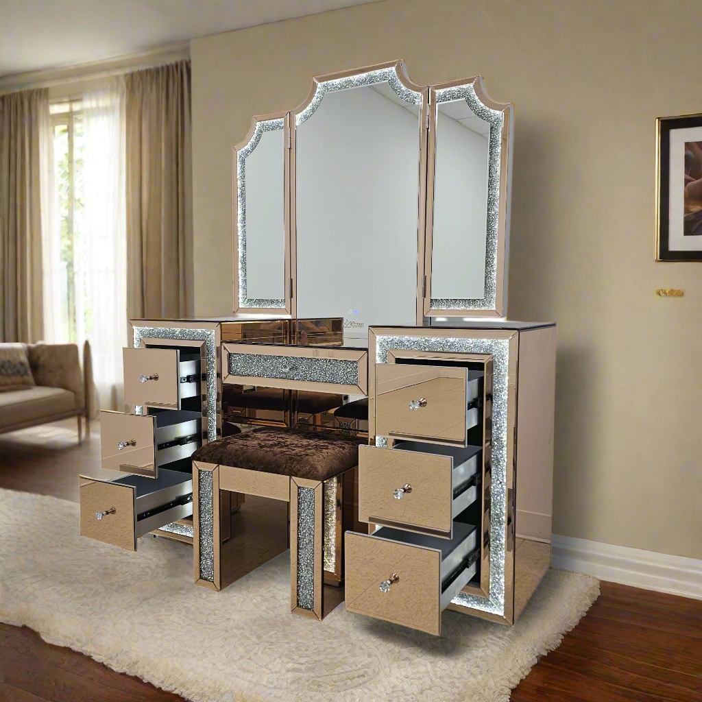 Tocador de maquillaje Oprah All Mirrored Glam con taburete