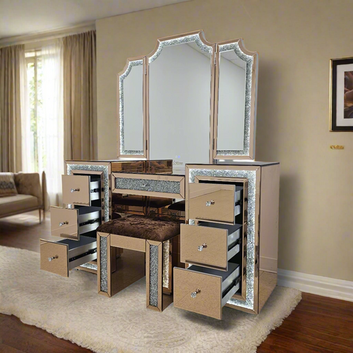 Tocador de maquillaje Oprah All Mirrored Glam con taburete