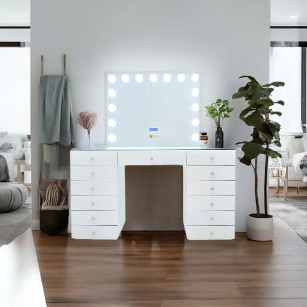 Angelina Glass Top Vanity Station - White - CrownVanity