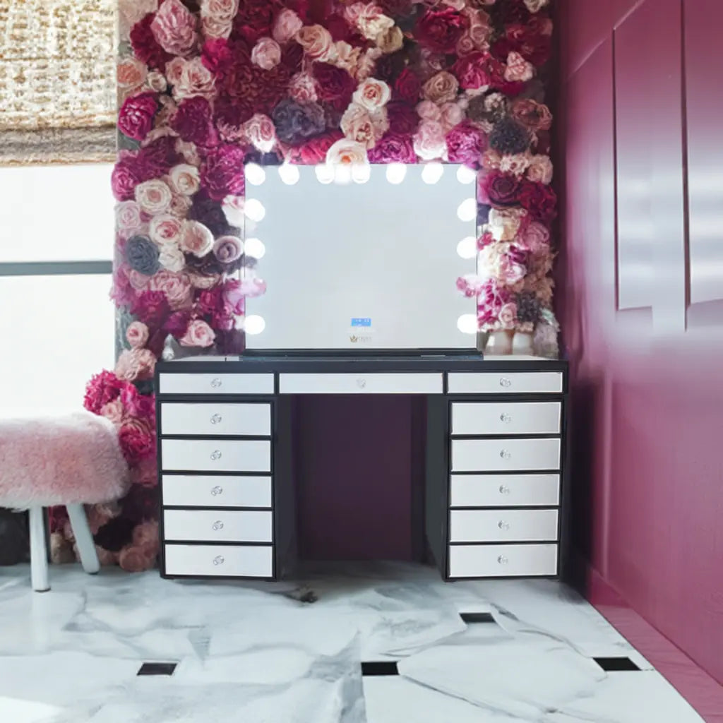 Eva Mirrored Hollywood Makeup Vanity Station - Black - Crown Vanity