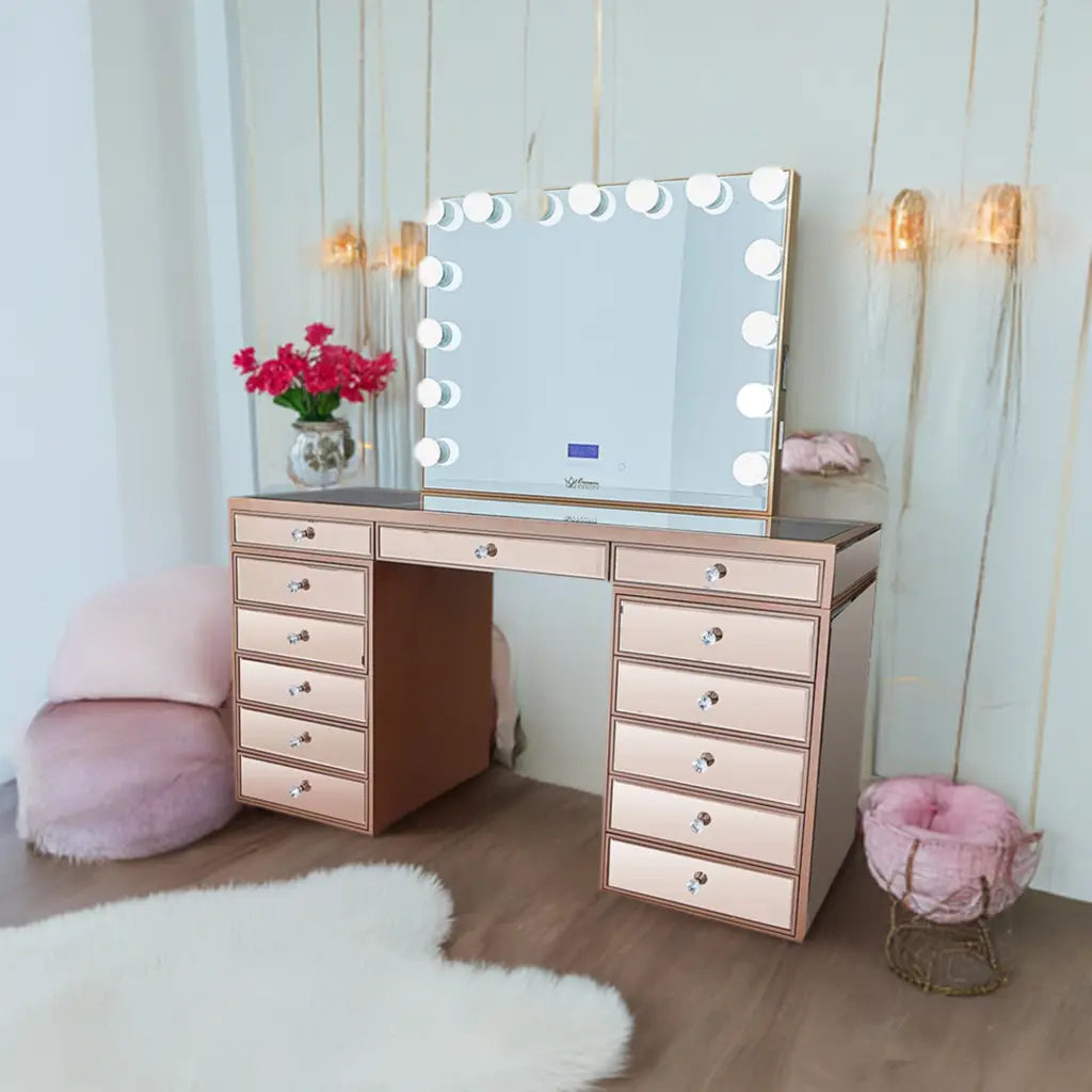 Celeste Mirrored Hollywood Makeup Vanity Station - Rose Gold finish - Crown Vanity