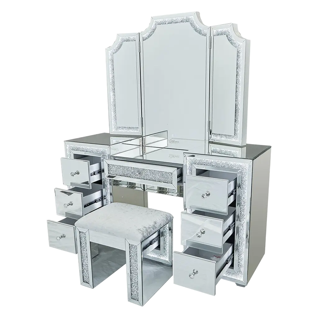Oprah All Mirrored Glam Makeup Vanity Station With Stool - Crown Vanity