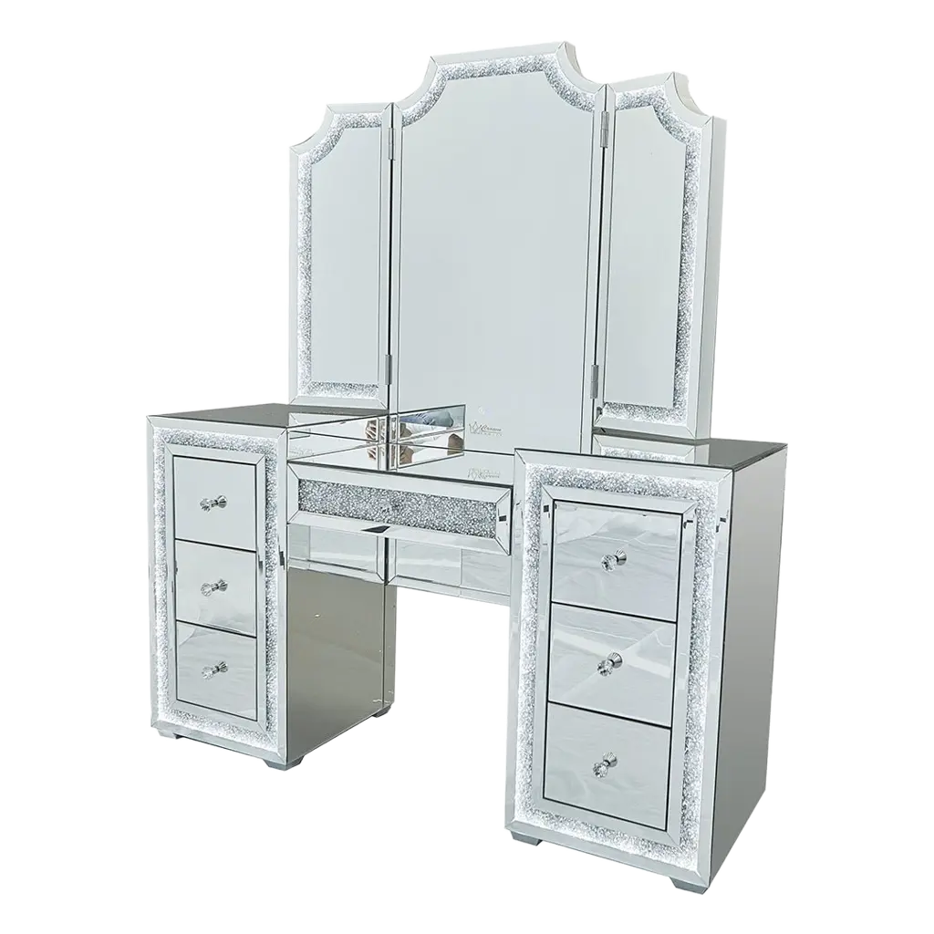 Oprah All Mirrored Glam Makeup Vanity Station With Stool - Crown Vanity