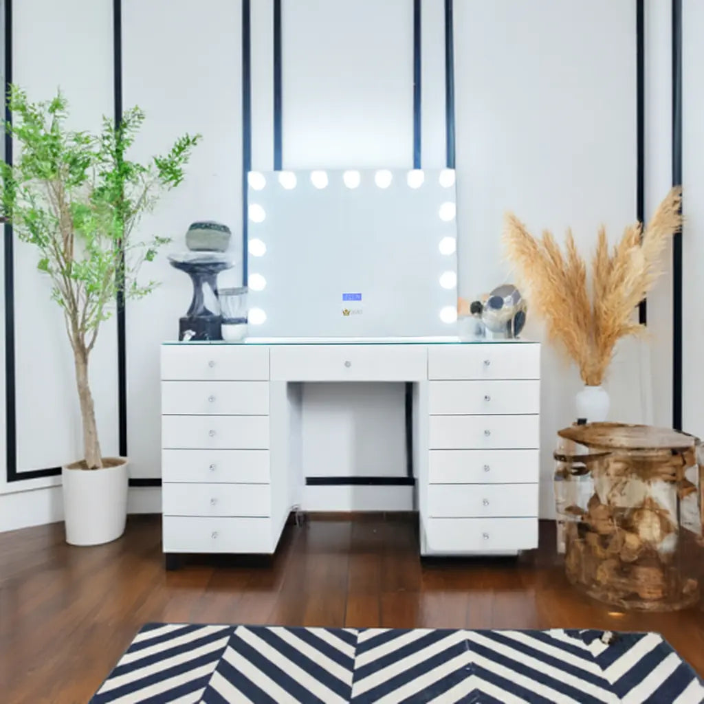 Angelina Glass Top Vanity Station - White - CrownVanity