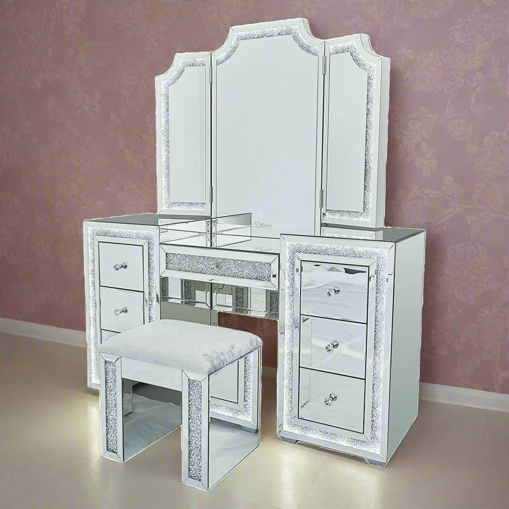 Oprah All Mirrored Glam Makeup Vanity Station With Stool - Crown Vanity