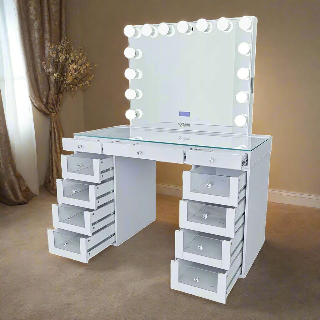 Slaystation 2.0 Hollywood Makeup Vanity Clear Drawers - White - Crown Vanity
