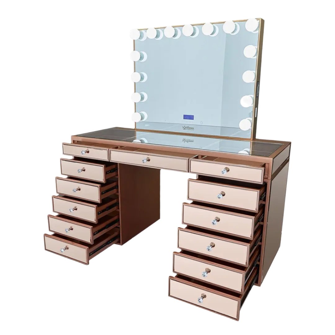 Celeste Mirrored Hollywood Makeup Vanity Station - Rose Gold finish - Crown Vanity