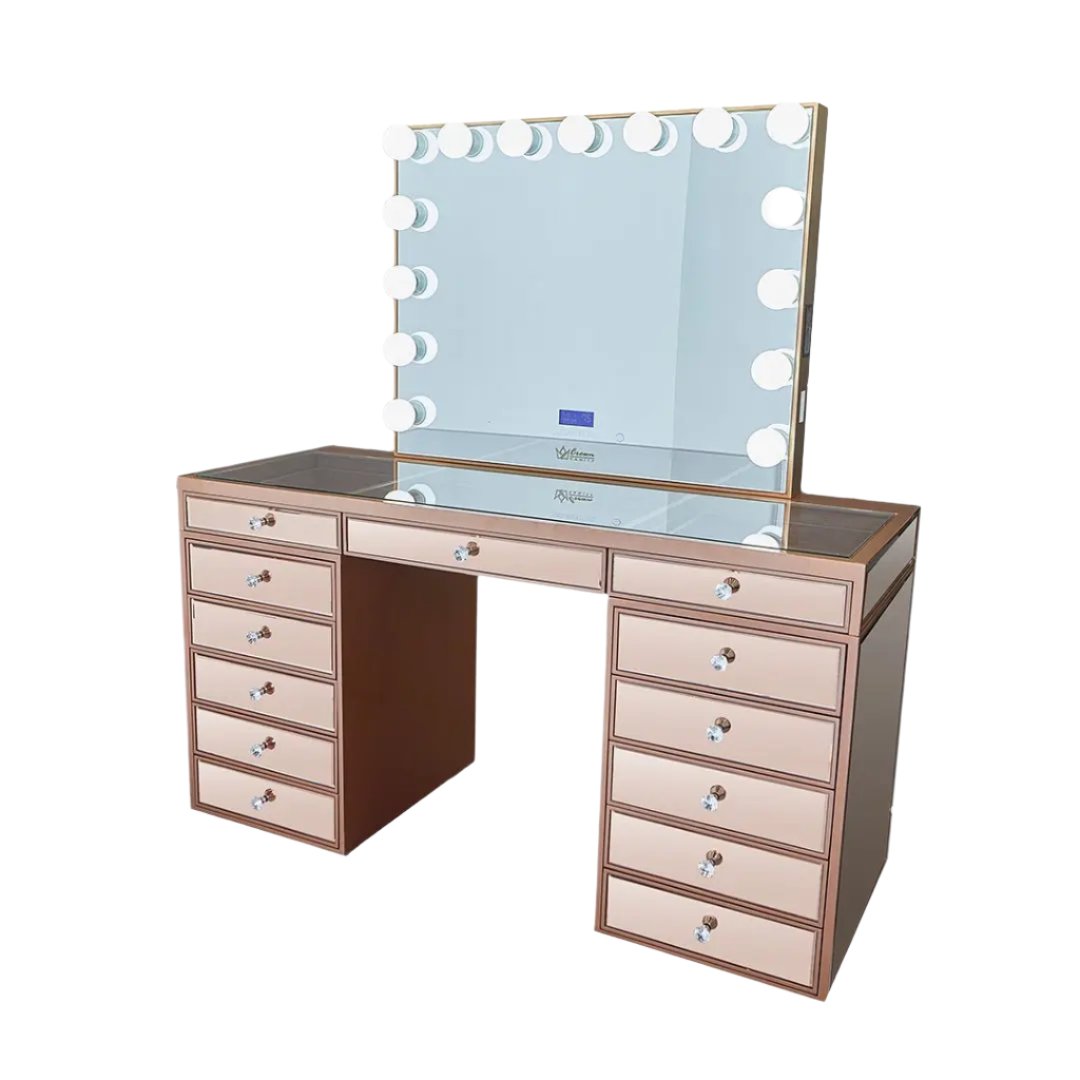 Celeste Mirrored Hollywood Makeup Vanity Station - Rose Gold finish - Crown Vanity