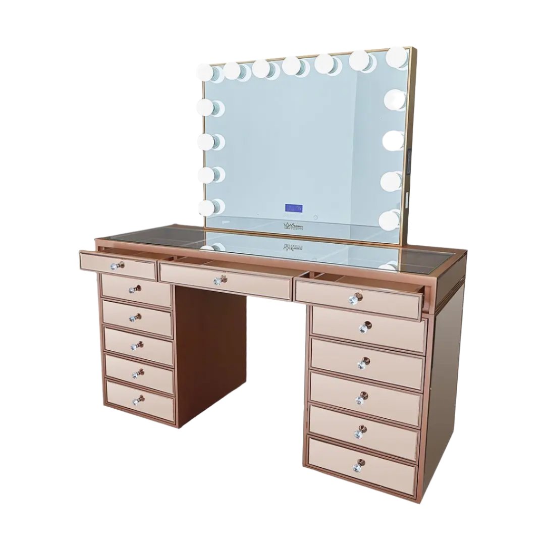 Celeste Mirrored Hollywood Makeup Vanity Station - Rose Gold finish - Crown Vanity
