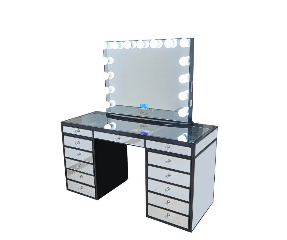Eva Mirrored Hollywood Makeup Vanity Station - Black - Crown Vanity
