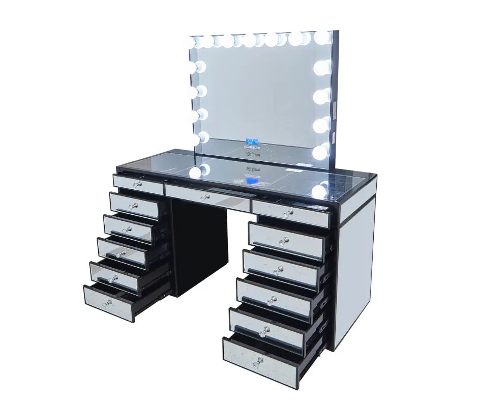 Eva Mirrored Hollywood Makeup Vanity Station - Black - Crown Vanity