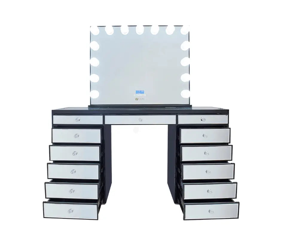Eva Mirrored Hollywood Makeup Vanity Station - Black - Crown Vanity