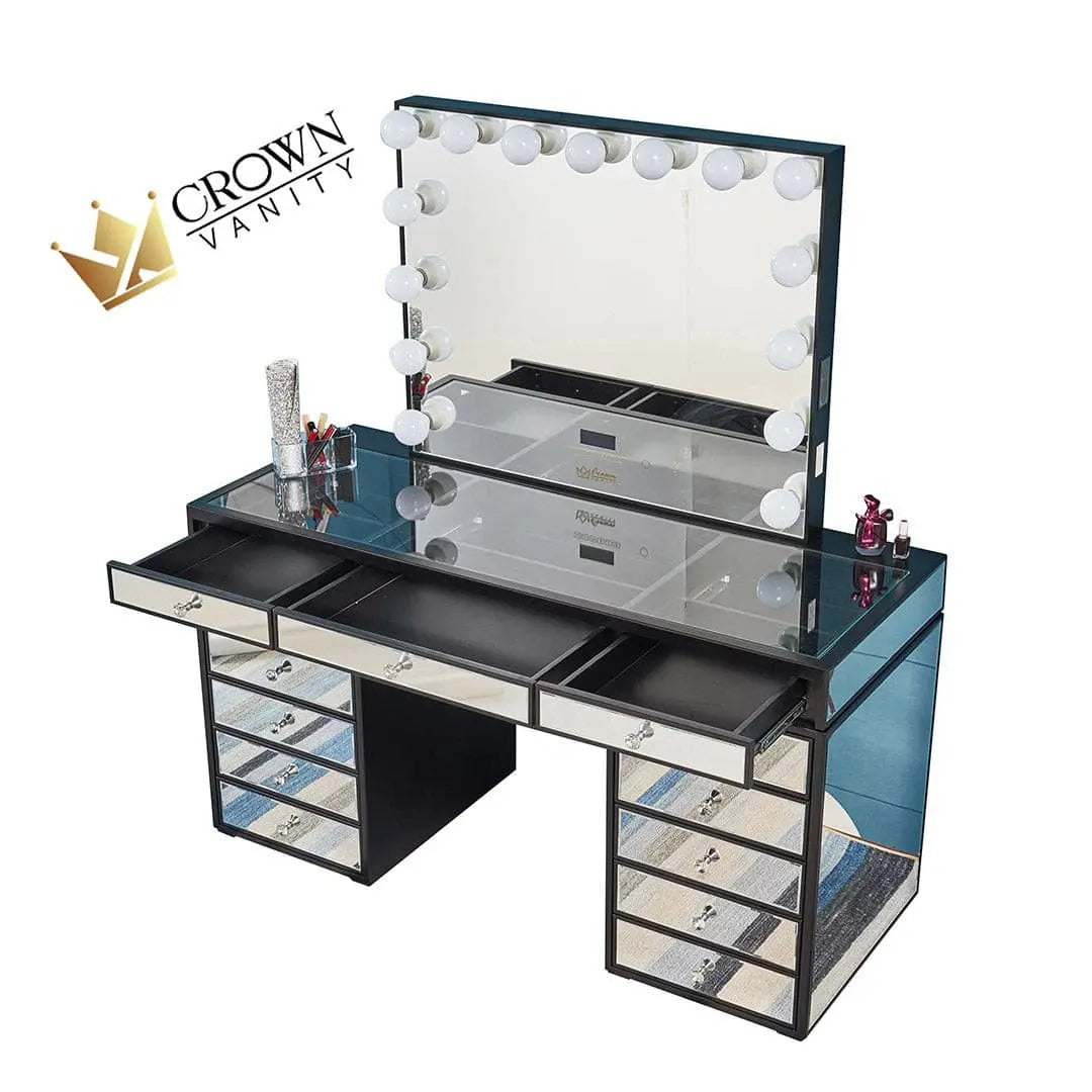 Eva Mirrored Hollywood Makeup Vanity Station - Black - Crown Vanity