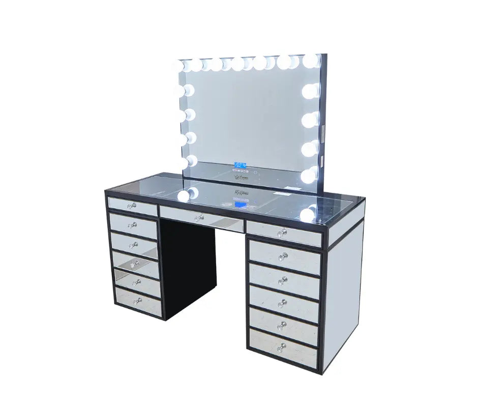 Eva Mirrored Hollywood Makeup Vanity Station - Black - Crown Vanity
