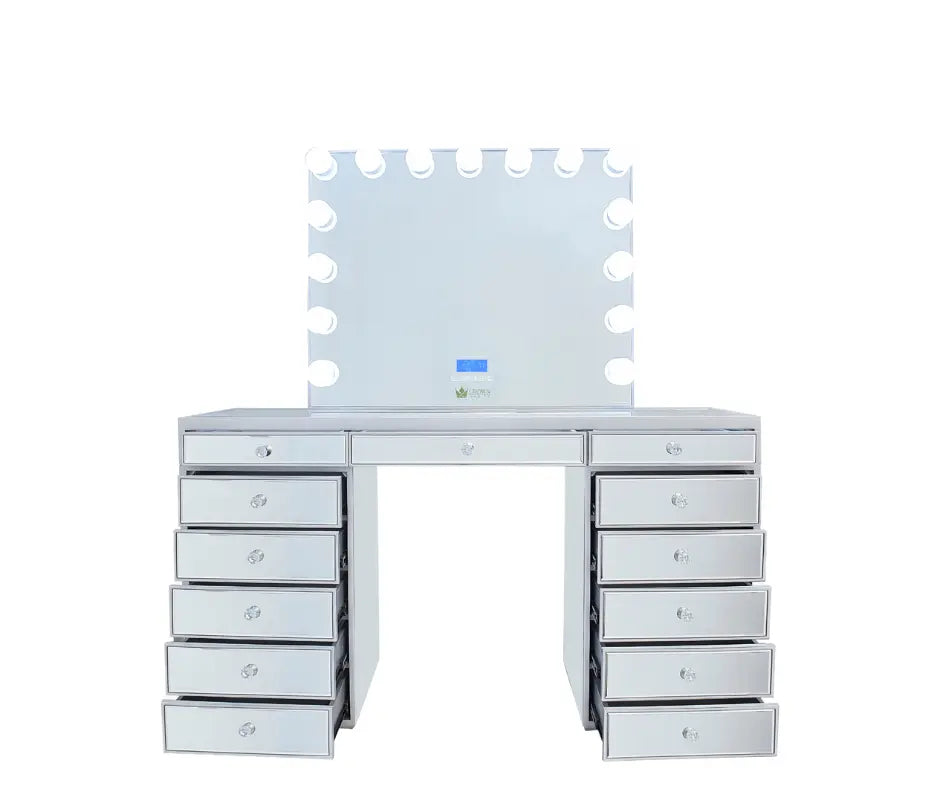 Natalia Mirrored Hollywood Makeup Vanity Station - Silver - Crown Vanity