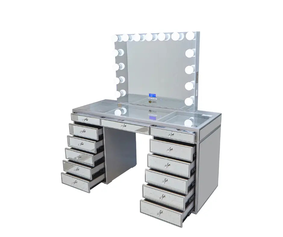 Natalia Mirrored Hollywood Makeup Vanity Station - Silver - Crown Vanity