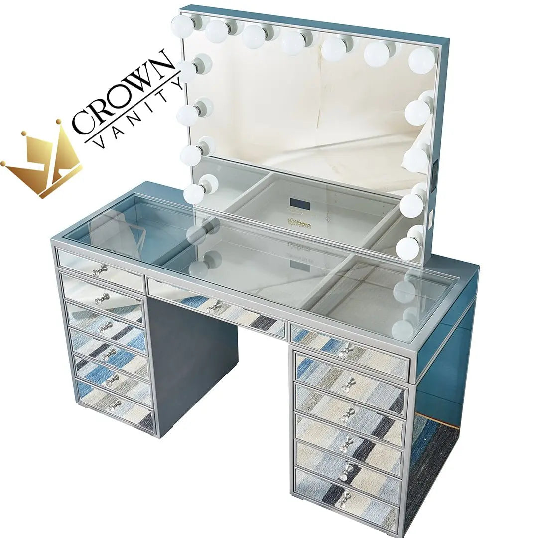 Natalia Mirrored Hollywood Makeup Vanity Station - Silver - Crown Vanity