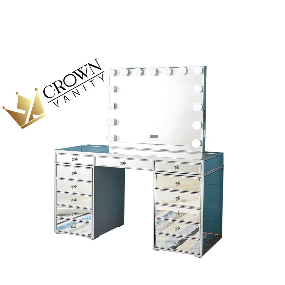Natalia Mirrored Hollywood Makeup Vanity Station - Silver - Crown Vanity