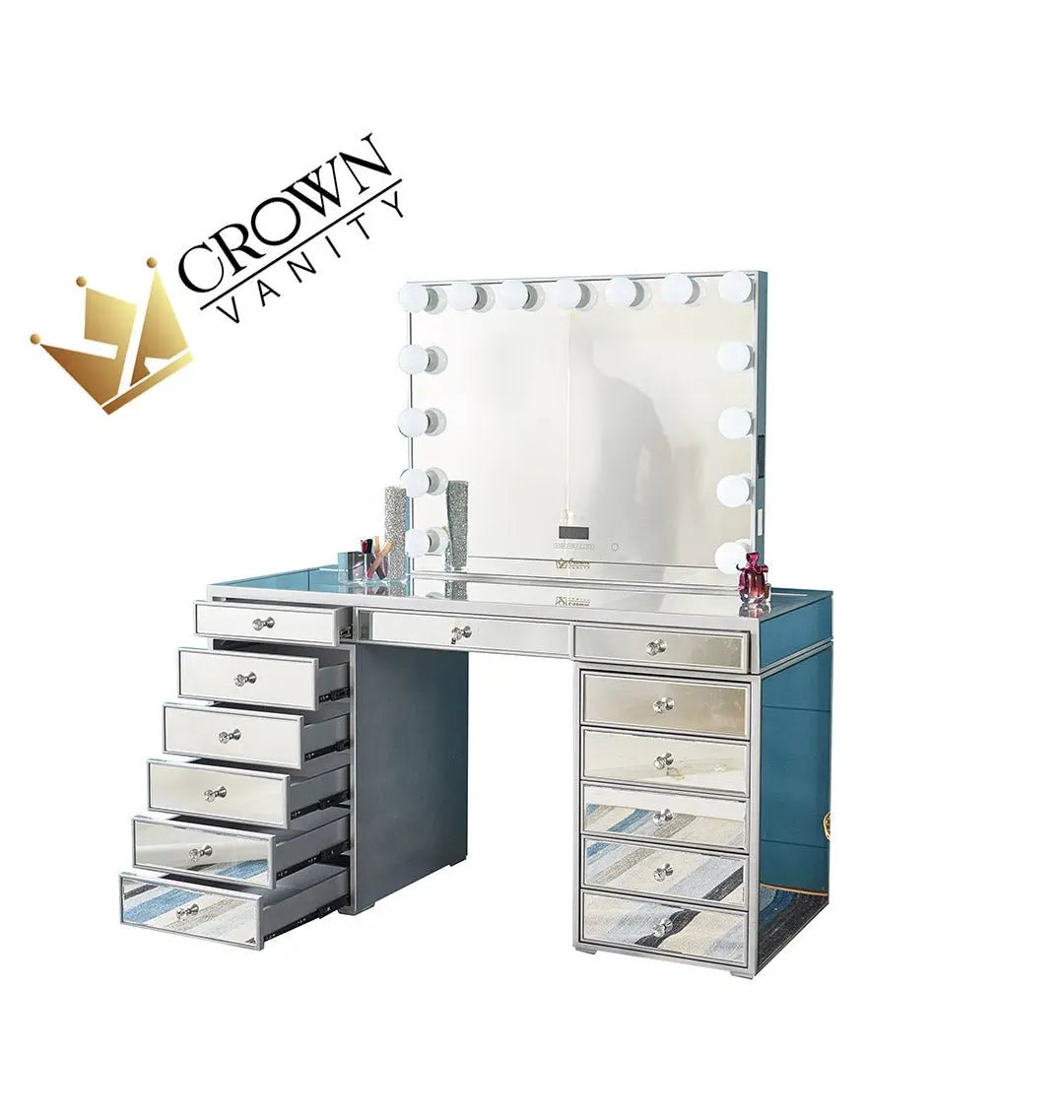 Natalia Mirrored Hollywood Makeup Vanity Station - Silver - Crown Vanity