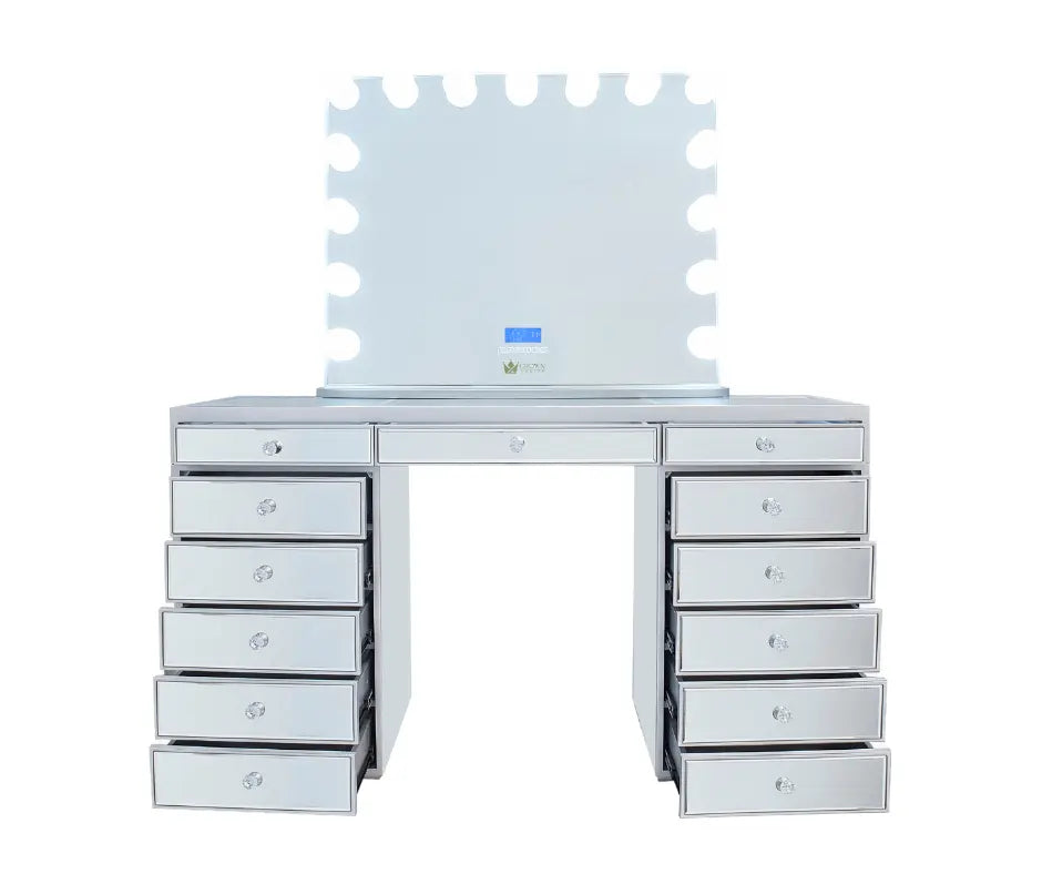 Natalia Mirrored Hollywood Makeup Vanity Station - Silver - Crown Vanity