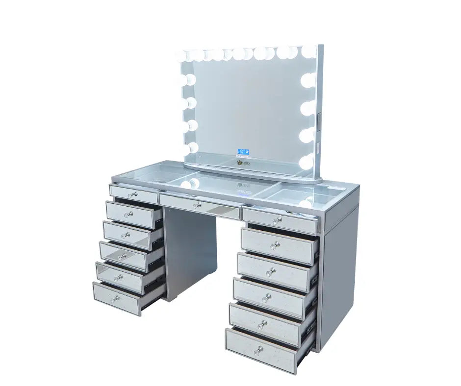 Natalia Mirrored Hollywood Makeup Vanity Station - Silver - Crown Vanity
