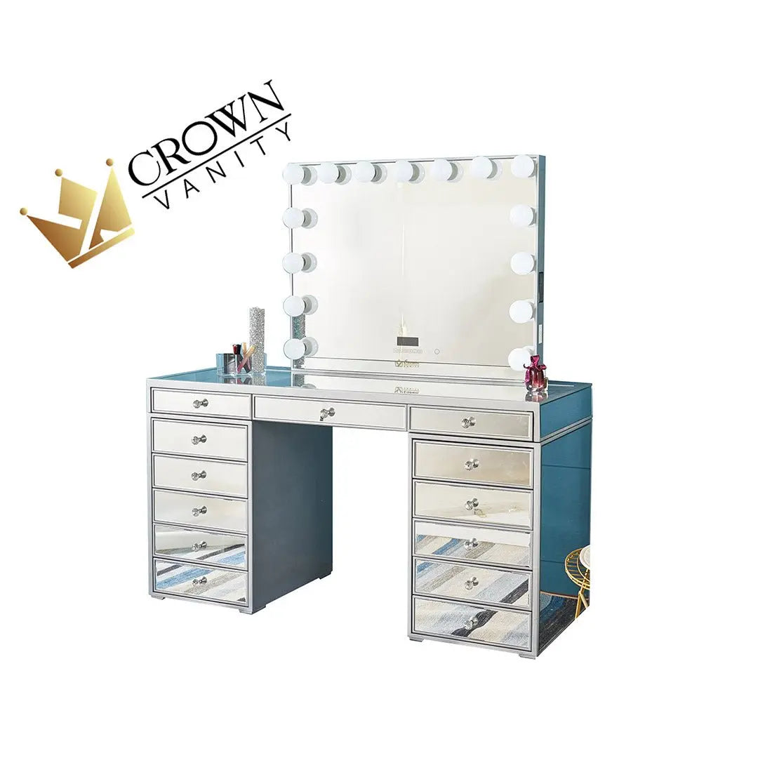 Natalia Mirrored Hollywood Makeup Vanity Station - Silver - Crown Vanity