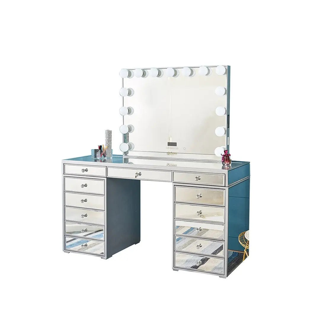 Natalia Mirrored Hollywood Makeup Vanity Station - Silver - Crown Vanity