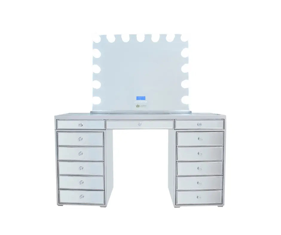 Natalia Mirrored Hollywood Makeup Vanity Station - Silver - Crown Vanity