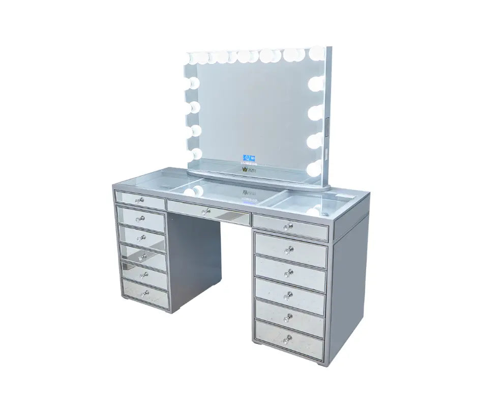 Natalia Mirrored Hollywood Makeup Vanity Station - Silver - Crown Vanity