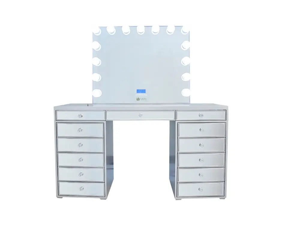 Natalia Mirrored Hollywood Makeup Vanity Station - Silver - Crown Vanity