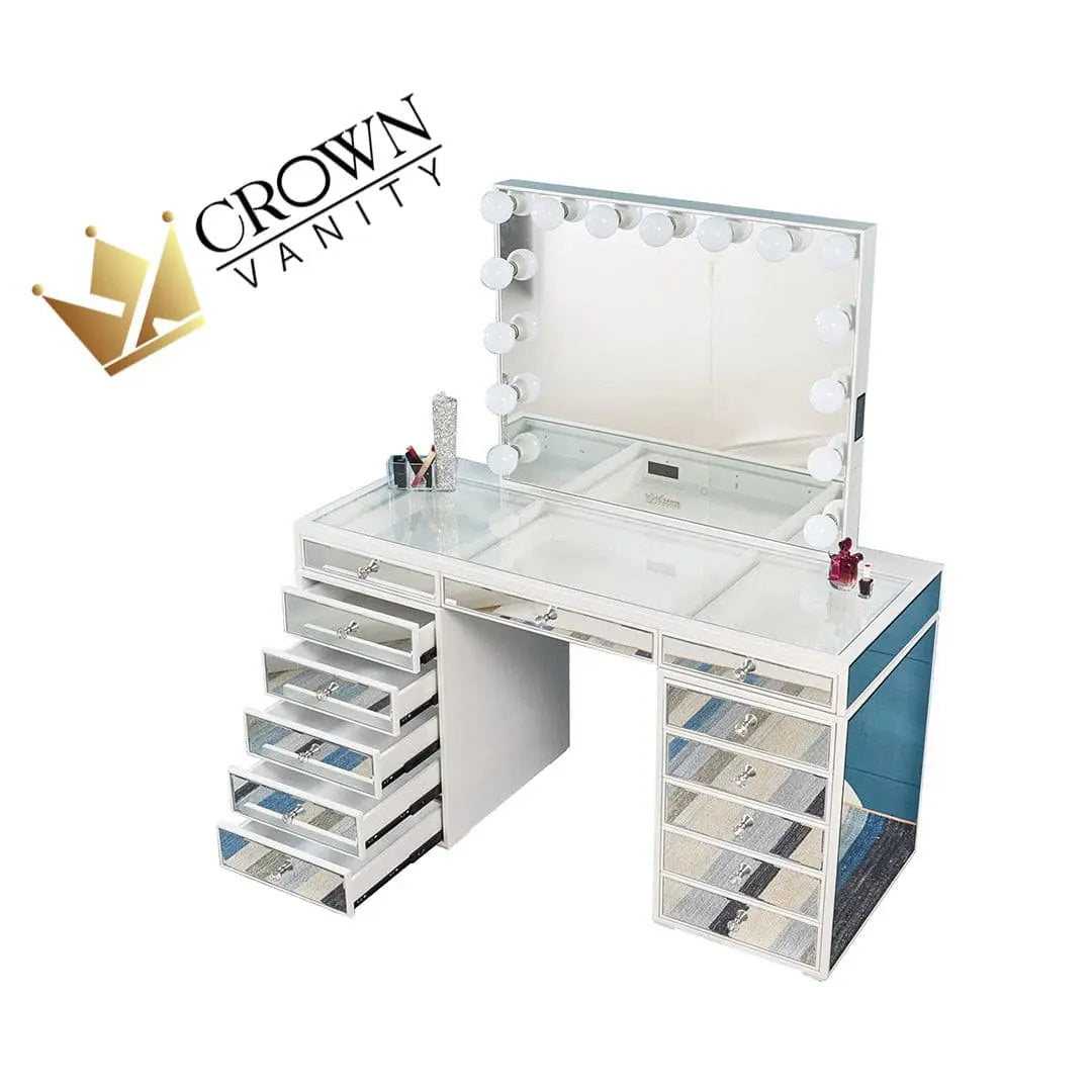 Sofia Mirrored Hollywood Makeup Vanity Station - White - Crown Vanity