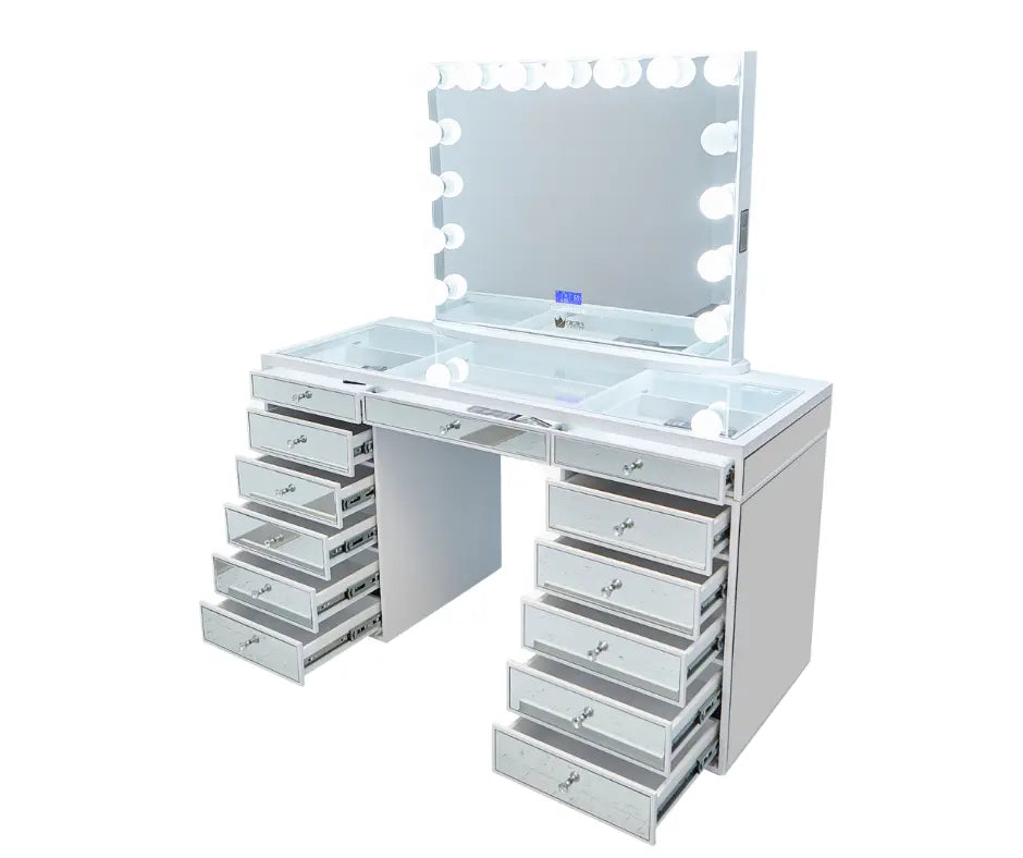 Sofia Mirrored Hollywood Makeup Vanity Station - White - Crown Vanity