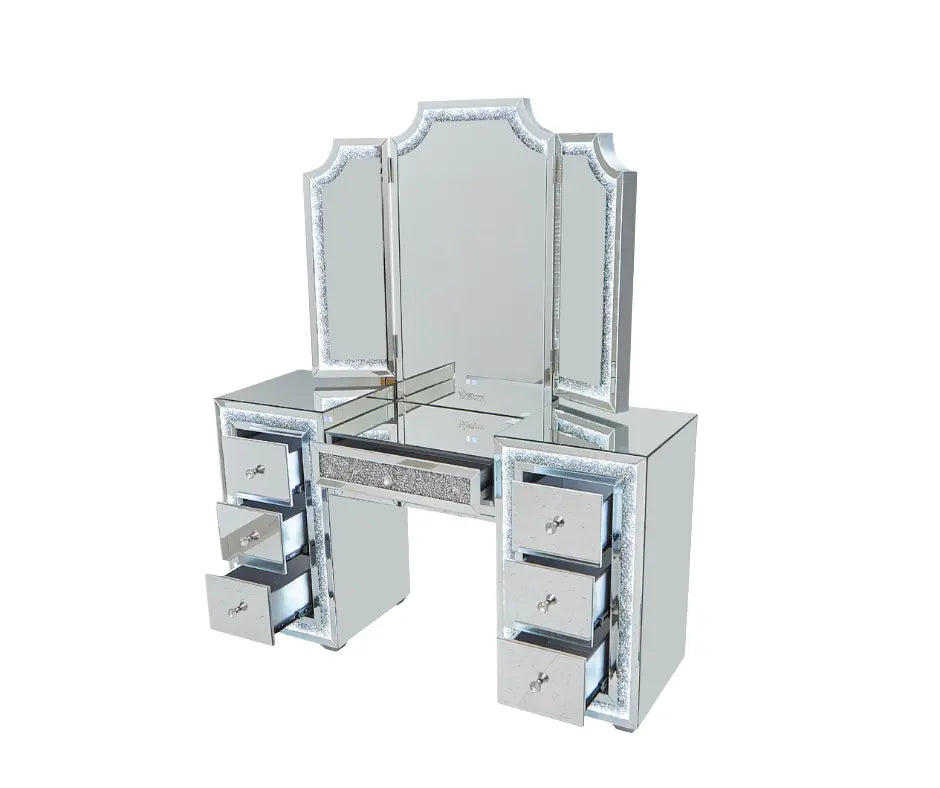 Oprah All Mirrored Glam Makeup Vanity Station With Stool - Crown Vanity