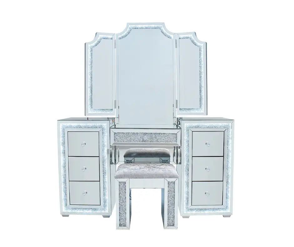 Oprah All Mirrored Glam Makeup Vanity Station With Stool - Crown Vanity