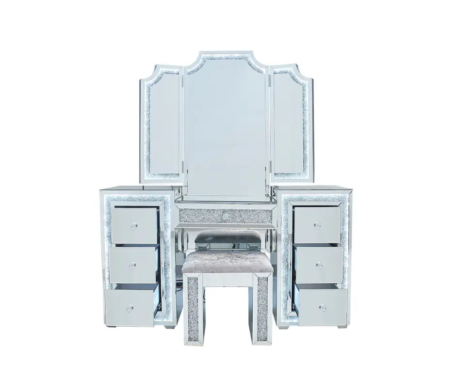 Oprah All Mirrored Glam Makeup Vanity Station With Stool - Crown Vanity
