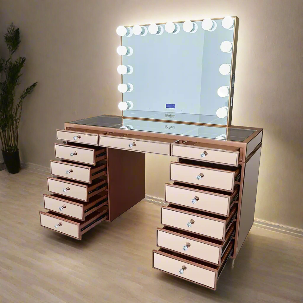 Celeste Mirrored Hollywood Makeup Vanity Station - Rose Gold finish - Crown Vanity 