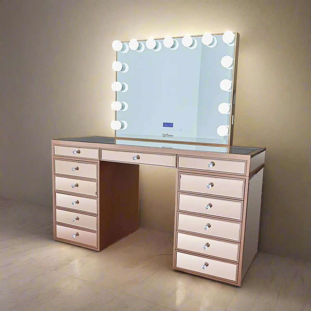 Celeste Mirrored Hollywood Makeup Vanity Station - Rose Gold finish - Crown Vanity 