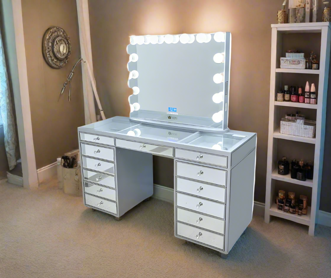 Natalia Mirrored Hollywood Makeup Vanity Station - Silver - Crown Vanity 