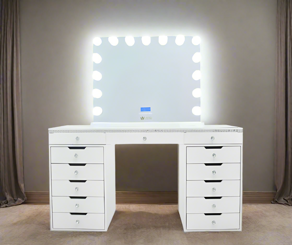 YILQQPER 50-Inch Vanity Desk With 5 Fabric Drawers & Charging Station - No Mirror, White & Gold