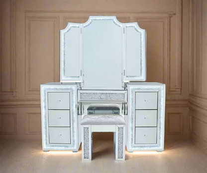 Oprah All Mirrored Glam Makeup Vanity Station With Stool - Crown Vanity 