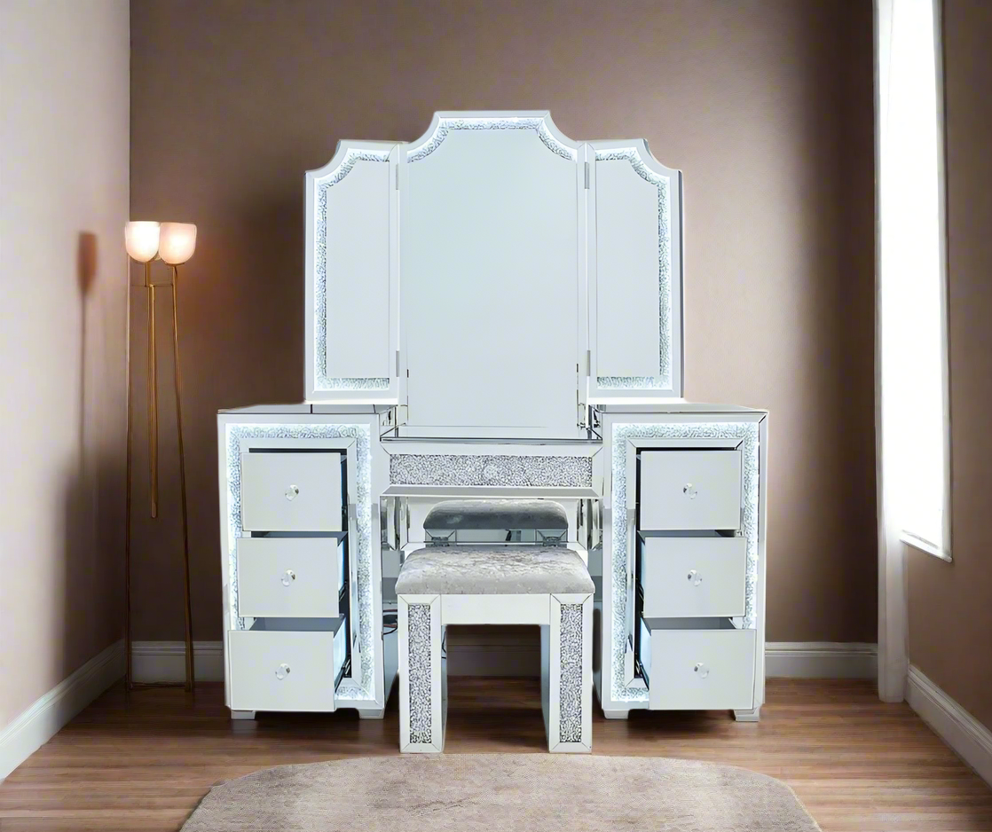 Oprah All Mirrored Glam Makeup Vanity Station With Stool - Crown Vanity 