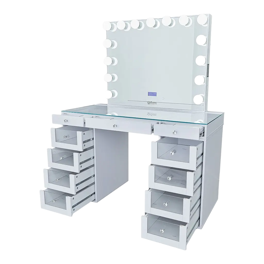 Slaystation 2.0 Hollywood Makeup Vanity Clear Drawers - White - Crown Vanity 