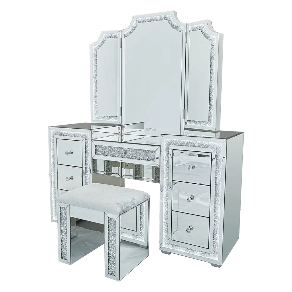 Oprah All Mirrored Glam Makeup Vanity Station With Stool - Crown Vanity 