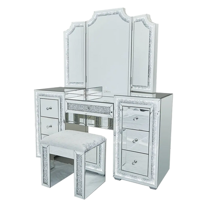 Oprah All Mirrored Glam Makeup Vanity Station With Stool - Crown Vanity 