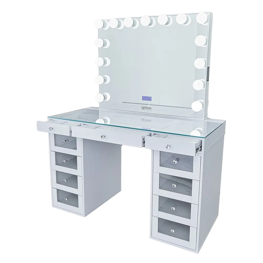 Slaystation 2.0 Hollywood Makeup Vanity Clear Drawers - White - Crown Vanity 